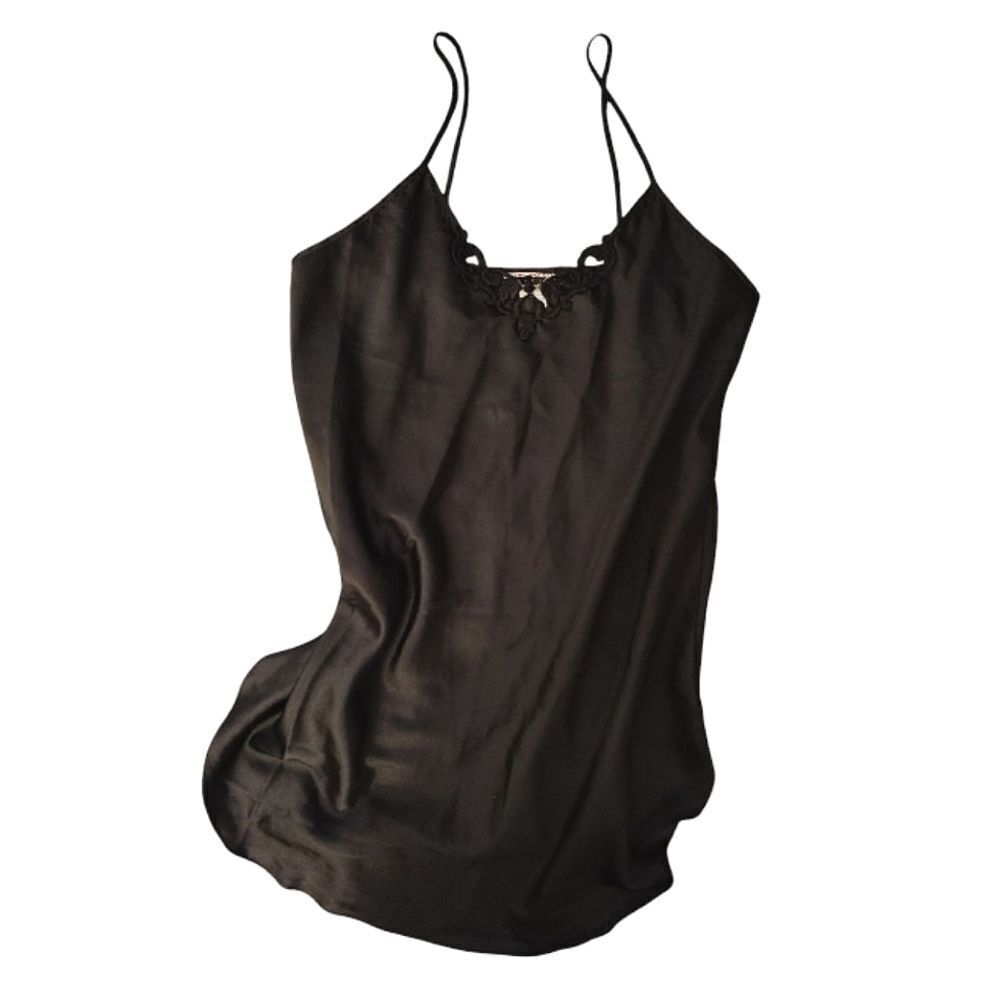 VTG 80s Black Satin Floral Crochet Mini‎ Intimates Slip Dress Size Large - Picture 5 of 12
